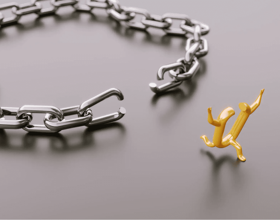 Broken chain with escaping golden figures.